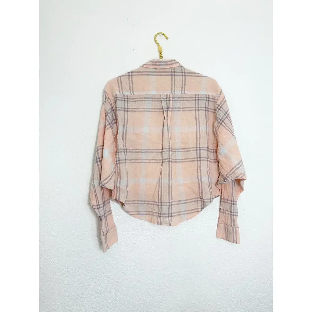 Free People Cotton Cropped Plaid Batwing Shirt Size Small Pink Boho Western